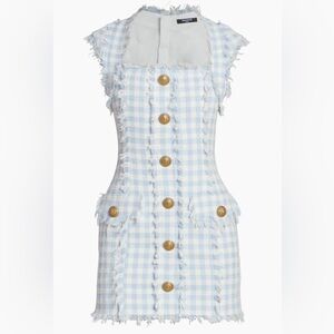 BALMAIN Blue & White Frayed gingham cotton-blend tweed Mini Dress FR36